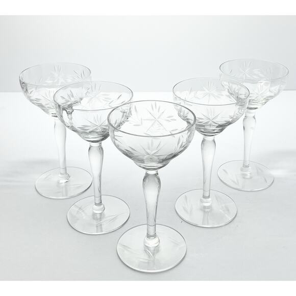 1950s Marion Glass 5 Etched Flower Optic Cocktail Liquor Glasses 5.25” 4oz C-365 - Picture 3 of 9